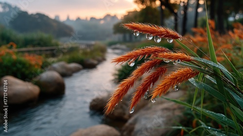 Close up of feathery orange grass heads covered in sparkling morning dew drops with a blurred serene river and trees in the background at sunrise