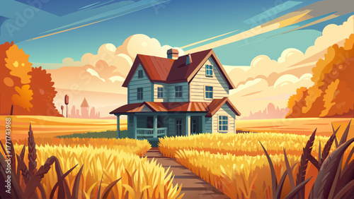 Vector of an ancient farmhouse surrounded by golden wheat fields, wooden cart beside, soft sunlight, calm sky, realistic old rural atmosphere, warm and nostalgic feeling
