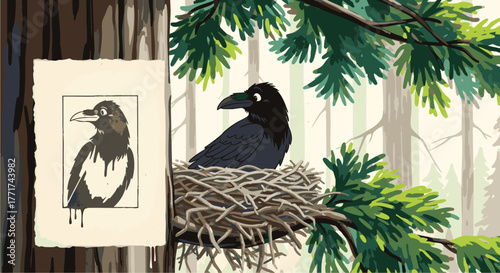 A Curious Crow in its Nest An Artistic Depiction with a Picture Frame and Nature's Embrace
