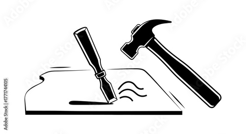 Hammer and Chisel Carving Wood Black and White Illustration.