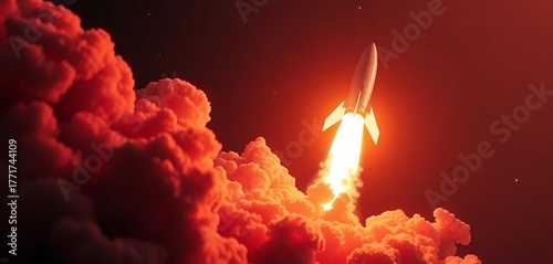 AI-powered rocket launching into space, fiery trail,   exploration,  journey