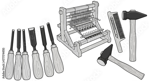Hand drawn collection of classic woodworking and craft tools.
