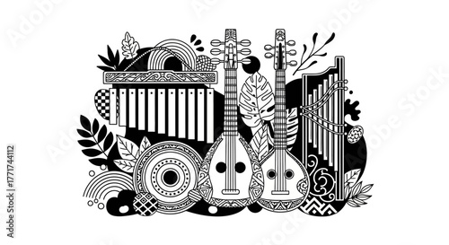 Hand drawn collection of folk musical instruments in doodle style.