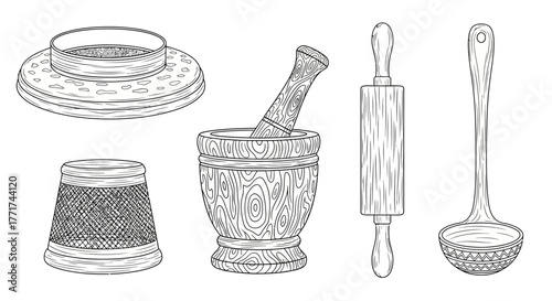 Hand drawn collection of vintage wooden kitchen utensils sketch.