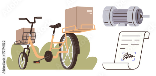 Cargo bike loaded with boxes, electric motor, and signed document symbolizing sustainable logistics and agreements. Ideal for delivery, eco transport, contracts, green innovation, technology