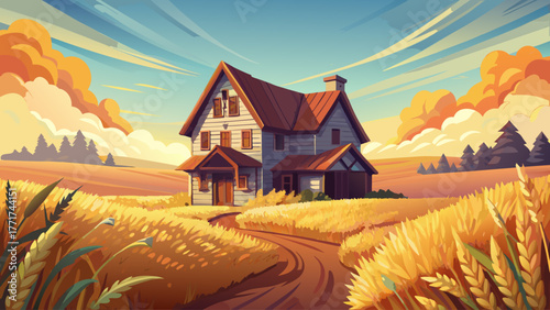 Vector of an ancient farmhouse surrounded by golden wheat fields, wooden cart beside, soft sunlight, calm sky, realistic old rural atmosphere, warm and nostalgic feeling