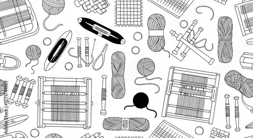 Hand drawn seamless pattern of weaving and knitting tools.