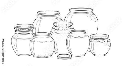 Hand drawn sketch illustration of various glass jars for storage.