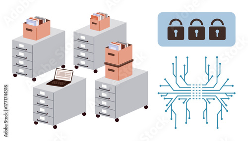 File cabinets with folders, open laptop, digital locks, and circuit graphics. Ideal for data security, file organization, digital networks, cybersecurity, protection strategies storage simple flat
