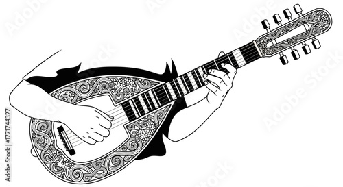 Intricate illustration of a person playing a mandolin with detailed design.