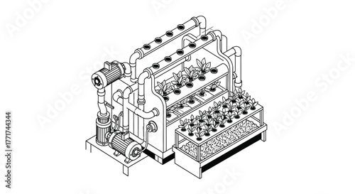 Isometric line art illustration of a hydroponic growing system.