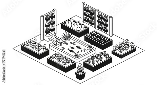 Isometric Line Art Illustration of a Sustainable Aquaponics System.