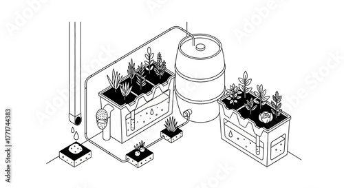 Isometric Line Art of a Rainwater Harvesting and Irrigation System.