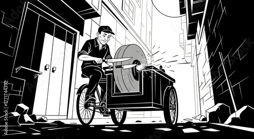 Knife Sharpener at Work - A Detailed Illustration of a Craftsman on a Tricycle.