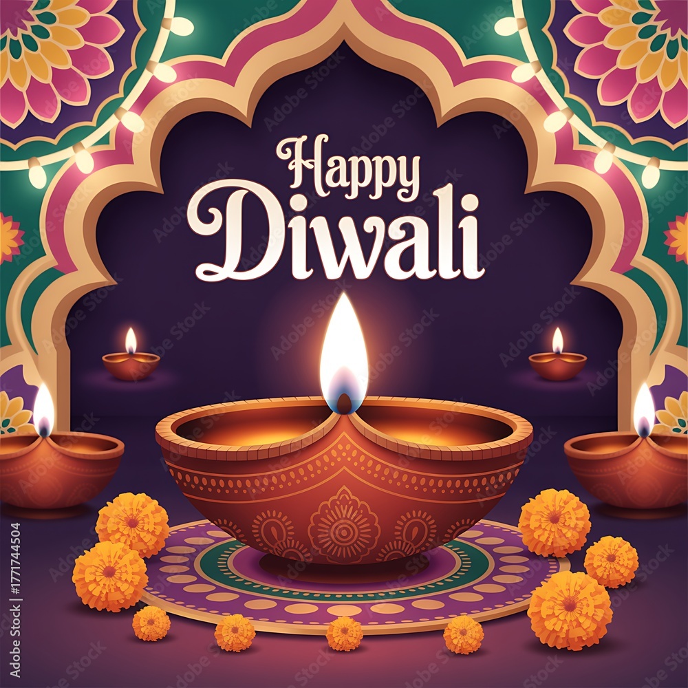 Naklejka premium Happy Diwali Greeting with Glowing Clay Diya Lamps, Marigold Flowers and Traditional Indian Arch