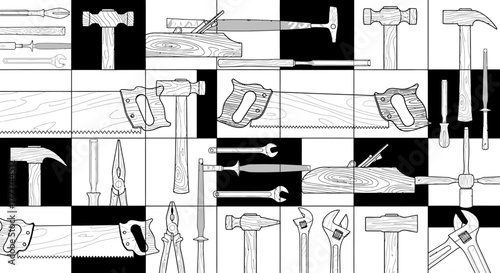 Monochrome line art pattern of assorted hand tools.