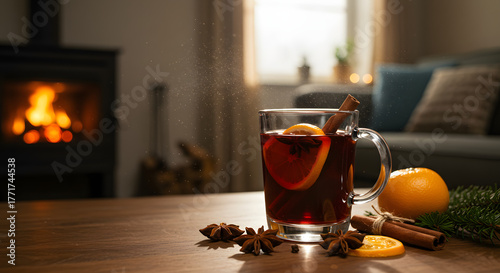 Cozy Mulled Wine with Orange and Spices on a Wooden Table.