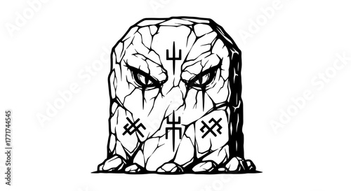 Mysterious stone face with ancient symbols and intense gaze.