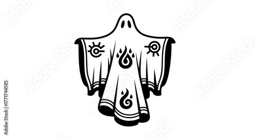 Mysterious Ghost Figure with Intricate Symbols Black and White Illustration.