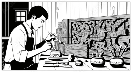 Skilled artisan meticulously crafting intricate wooden sculpture by hand.