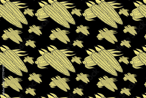 gold corn cob pattern on black seamless background for textile or stock imagery design projects