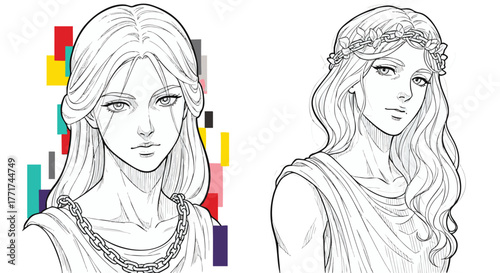 Elegant line art portraits of two women with flowing hair, one adorned with a laurel wreath