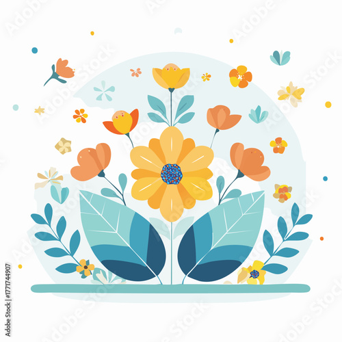 Colorful spring flower arrangement in a modern flat design, a beautiful botanical composition symbolizing nature's harmony