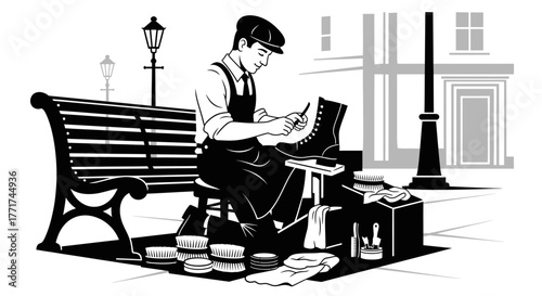 Vintage black and white illustration of a young shoeshiner at work.