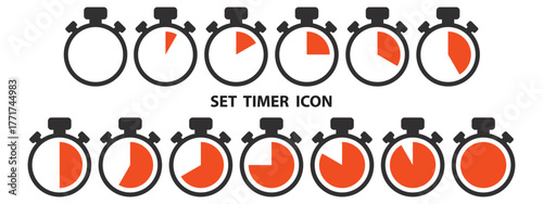 Timer icon set in red color. Countdown clock stopwatch, stopwatch symbol set. Timer vector illustation. Collection of timer icon set in red color.