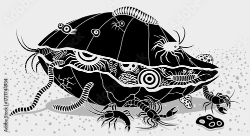 Whimsical Black Creature with Multiple Eyes and Appendages.