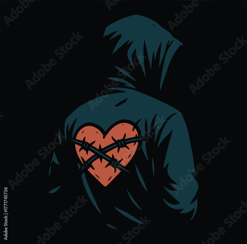 Hooded Figure with Barbed Wire Heart Symbol Emotional Pain Design