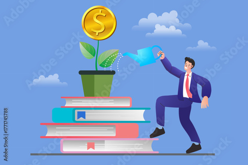 A businessman waters a money plant growing a dollar coin, which sits on a stack of books. This concept symbolizes investment in knowledge, the ROI of education, and financial growth from learning.