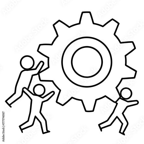 A minimalist vector illustration showing several stick figures pushing a large gear together, line art, white background