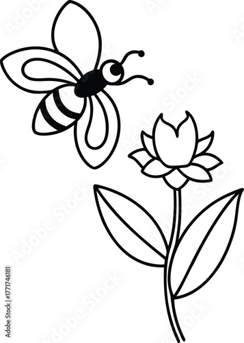 Bee flying near flower contour line art vector illustration