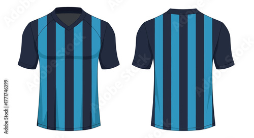 Vector illustration of a blue striped soccer jersey template with front and back views