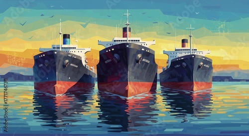 Three ships in a harbor with a sunset in the background , trending, fashion, lifestyle