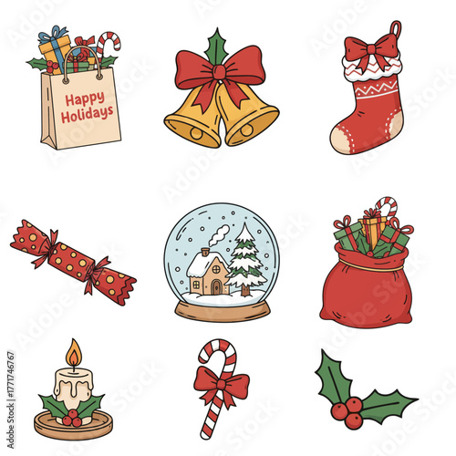 Cute Christmas Holiday Icon Set with Festive Decorations, Gifts, Bells, Snow Globe, and Candy Cane Illustration