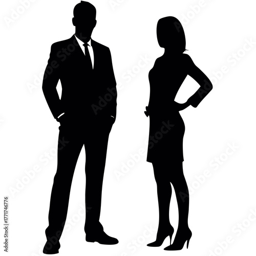 Silhouette of a businessman in a suit and a businesswoman in a dress standing side by side against white created with generated ai