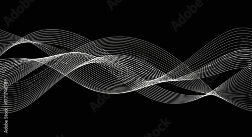 Abstract monochrome composition with intertwining white wave lines on a black background