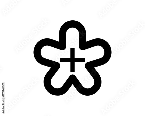 Black flower with plus sign isolated on transparent background