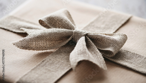 A beautifully wrapped gift box with a rustic burlap ribbon bow, perfect for celebrating a special occasion like a birthday or holiday