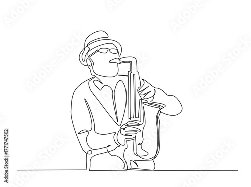 Man playing saxophone outline draw illustration. Continuous line art drawing of Saxophonist Perfomance. Editable stroke.