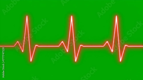 Neon glowing heartbeat pulse wave moving across an electronic green screen background