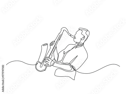 Man playing saxophone outline draw illustration. Continuous line art drawing of Saxophonist Perfomance. Editable stroke.