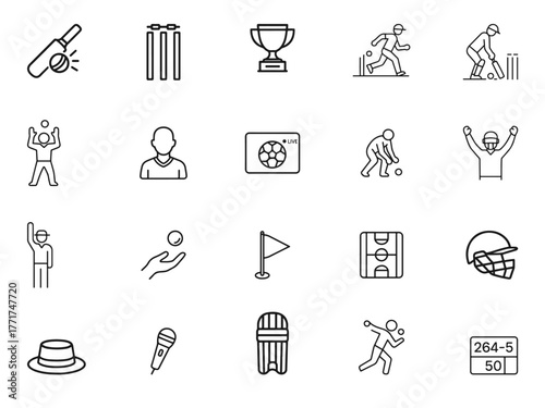 Simple linear cricket icons for website interface, including pitch, wicket, batsman, bowler, trophy, gloves, minimal stroke width, consistent outline look