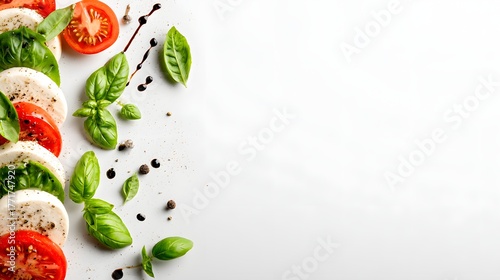 Top view of caprese salad with balsamic drizzle, basil and mozzarella circles, minimalist white background with copy area 