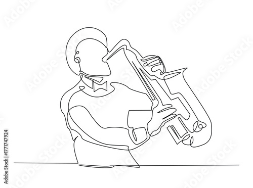 Man playing saxophone outline draw illustration. Continuous line art drawing of Saxophonist Perfomance. Editable stroke.