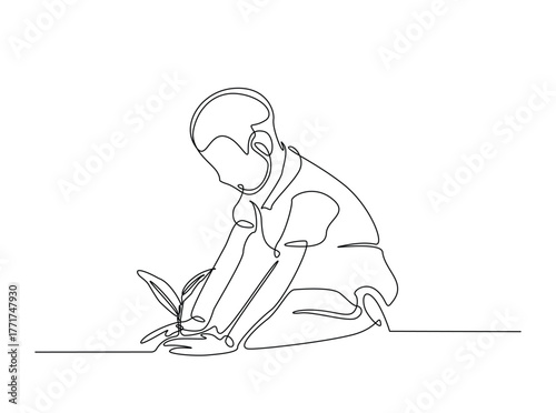 Boy holding a small plant for planting outline draw illustration. Continuous line art drawing of child planting small tree. Editable stroke.