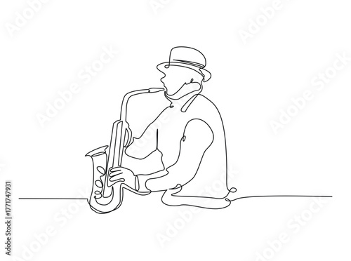 Man playing saxophone outline draw illustration. Continuous line art drawing of Saxophonist Perfomance. Editable stroke.