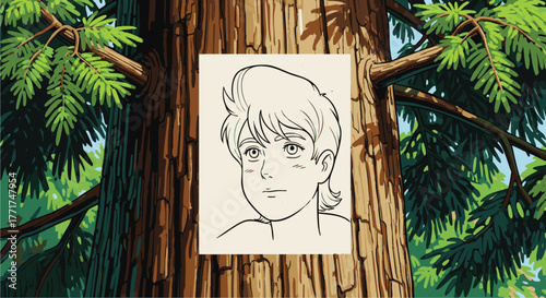 A retro manga-style illustration of a pensive young boy's face, sketched on paper and pinned to a large tree trunk in a forest